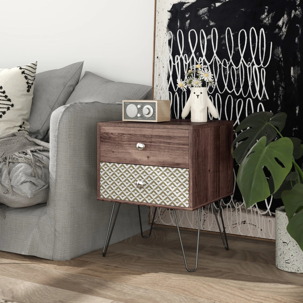Comodino con 2 cassetti gambe in acciaio stile bohemien ¨C zephmum ¨C Marrone 45x39x55,5 cm