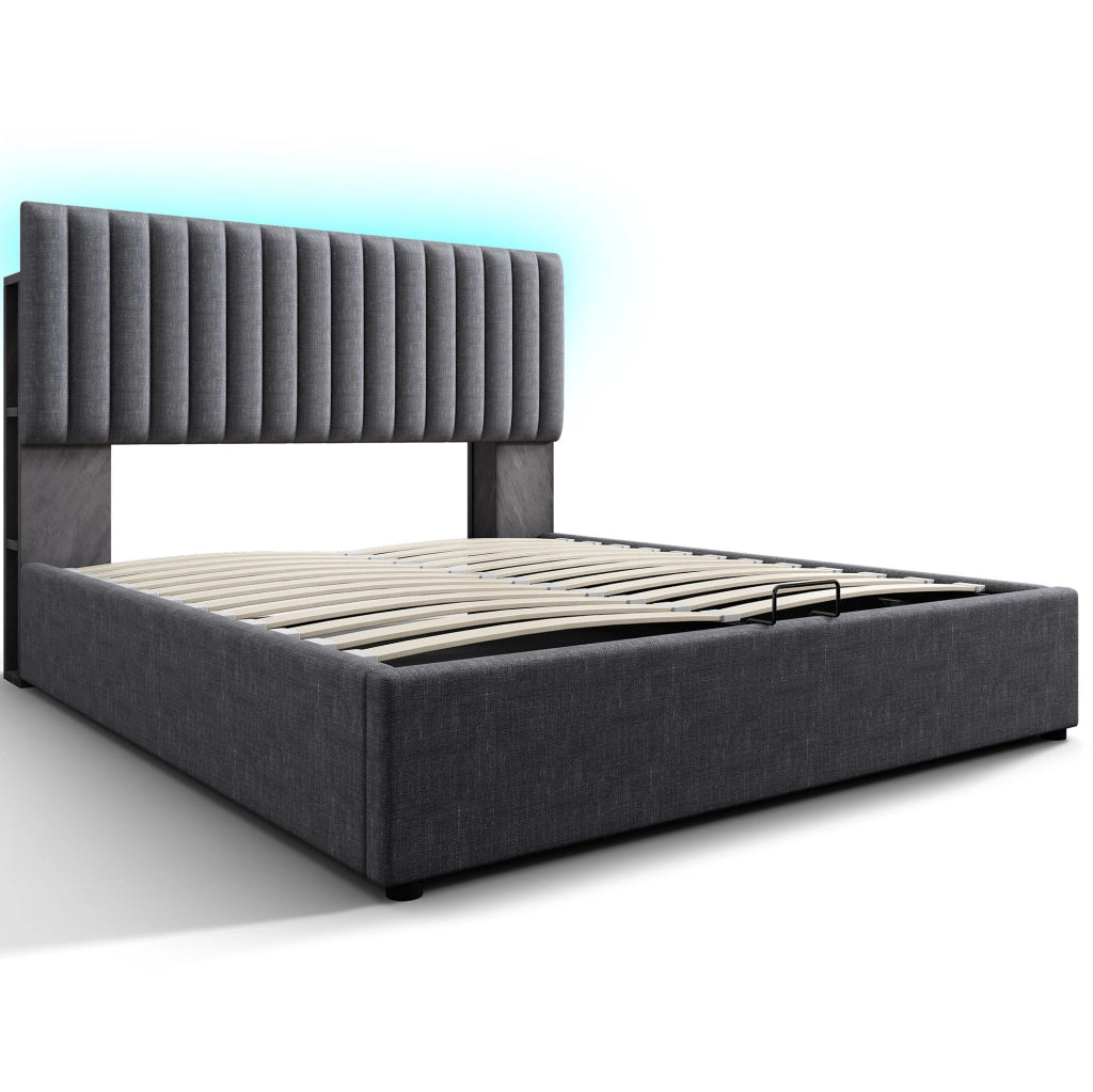 Letto imbottito ULEVR 160x200 cm con vano contenitore, LED controllabile da app, USB e Type-C, grigio