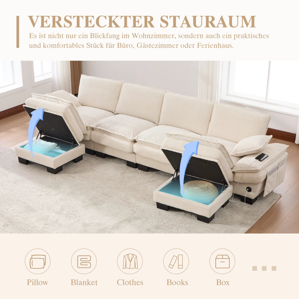 Divano modulare 4 posti con pouf, USB-C e tasche laterali, in velluto a coste, Beige, 330 × 132 × 84 cm