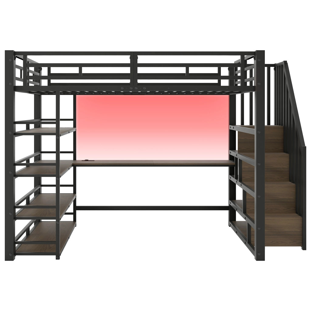 Letto a soppalco 140 × 200 cm con scrivania integrata, ripiani, LED, stazione di ricarica USB et metallo nero, senza materasso