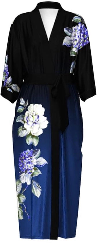 Kimono da camera per donne con lunghe maniche a fiori, morbidezza laterale e design di gradazione tra blu navy e rosa.