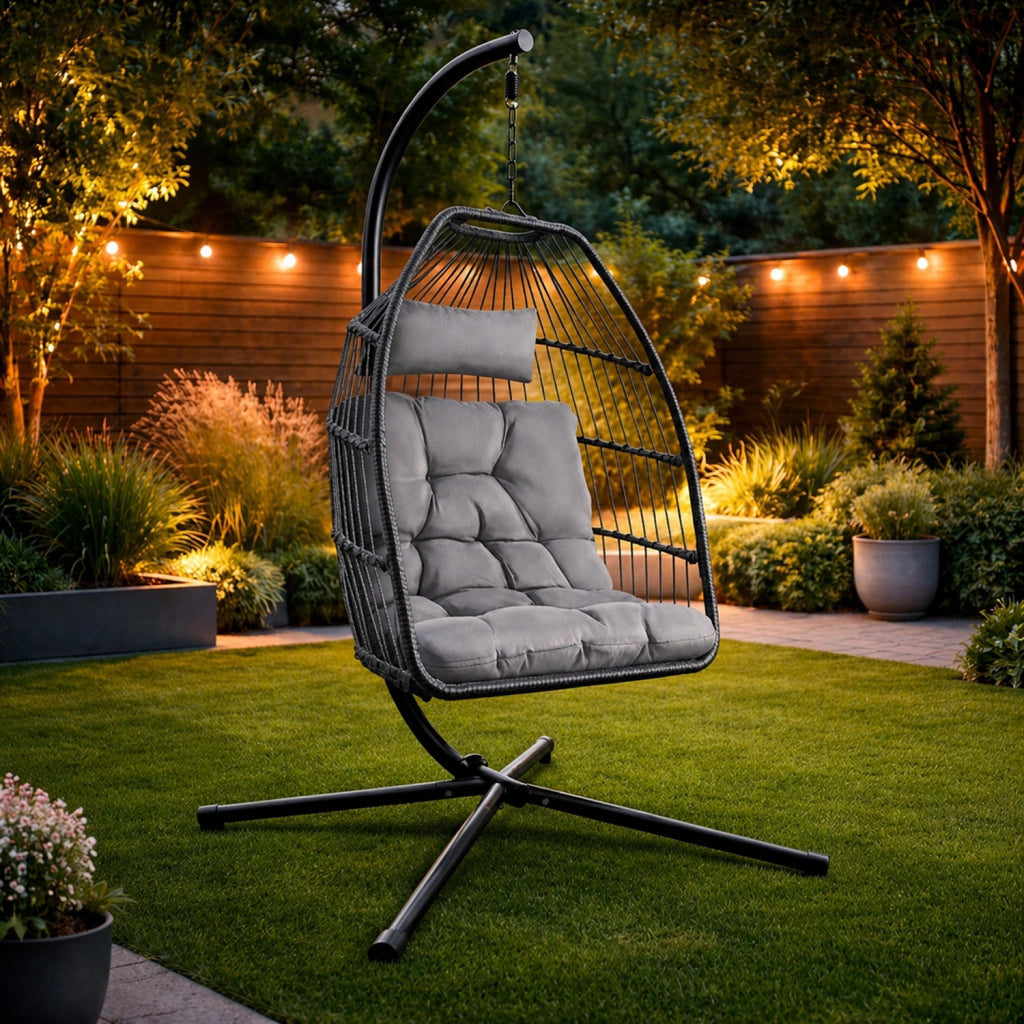 Poltrona Da Giardino Sospesa In Metallo E Rattan Con Cuscino Incluso Sedia A Dondolo Ideale Per Balcone E Terrazzo Arredo Da Esterno Design Moderno 107 x 98 x 202 Cm Grigio