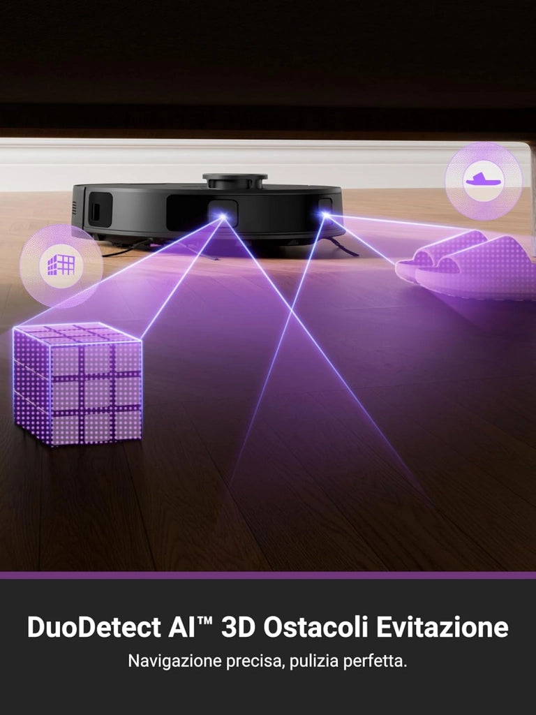 E20 Plus Robot Aspirapolvere con Stazione senza Sacchetto, 8.000 Pa, Svuotamento Automatico, Batteria 180 min, DuoDetect AI 3D Evitamento Ostacoli, per Tappeti e Peli di Animali Domestici