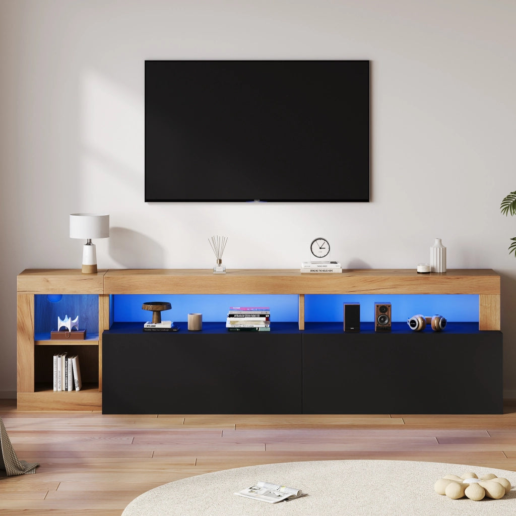 Mobile TV moderno in truciolato con illuminazione LED, colore nero e finitura effetto legno, 184 x 42 x 58 cm, per TV fino a 80 pollici