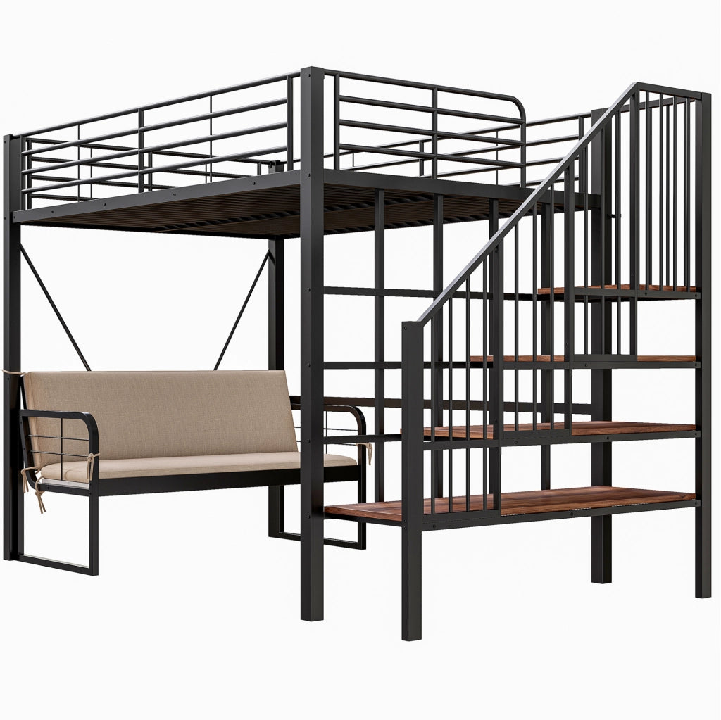 Letto a soppalco 140x200 cm con divano rimovibile e scala contenitore in metallo e MDF nero
