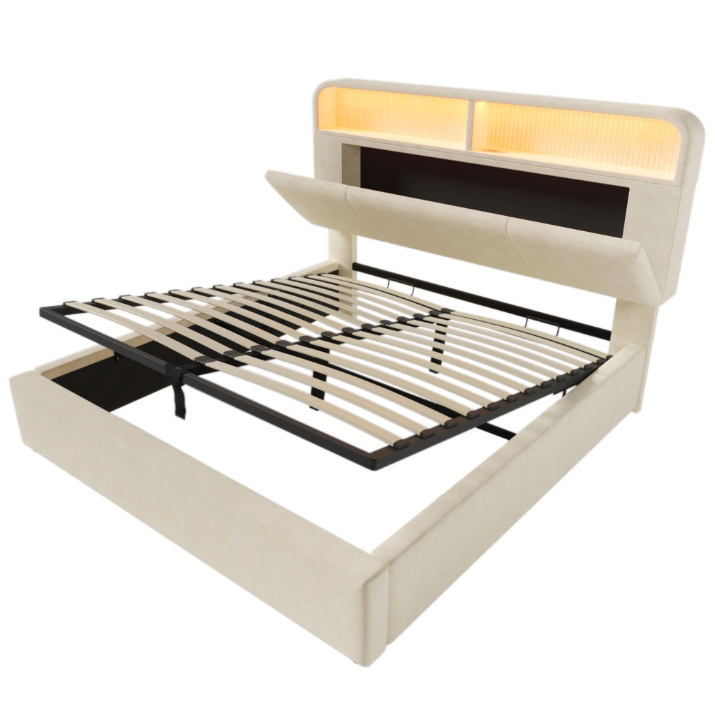 Letto matrimoniale imbottito ULEVR 180x200 cm con contenitore idraulico, LED, USB e Type-C, velluto beige