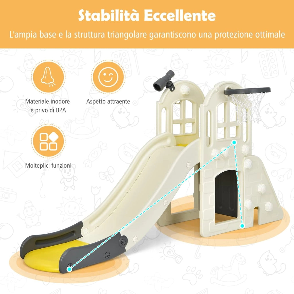 Scivolo per Bambini 6 in 1, Set da Gioco per Bambini con Canestro, Palla, Lancio dell'Anello e Cannocchiale, Ideale per Interni ed Esterni per Ragazzi e Ragazze, 189,5 x 83 x 98 cm (Giallo)