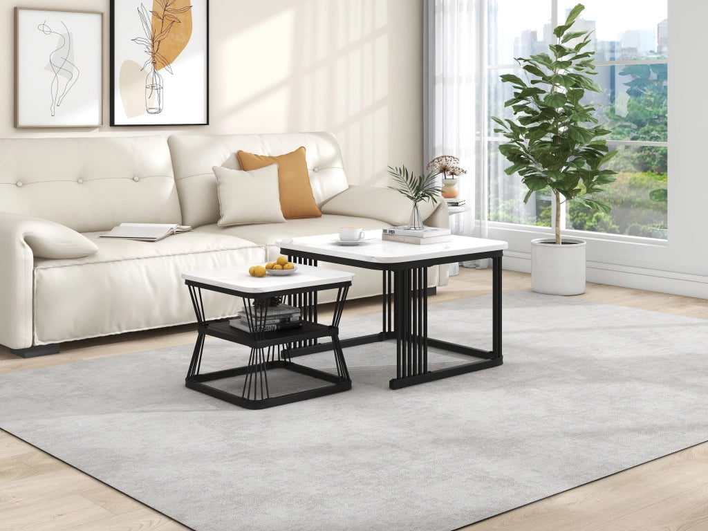 TAVOLINI Set da 2 pezzi 65x65x45 cm e 45x45x39,5 cm MDF bianco, acciaio nero