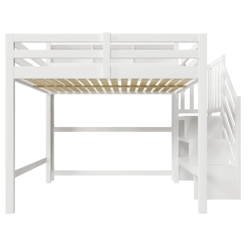 Letto a soppalco ULEVR 140x200 cm con LED, scala con contenitore e vani aperti, bianco