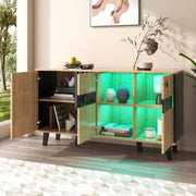 OKWISH Credenza Contenitore con 3 Ante, Ripiani Interni, Vetro e LED, per Soggiorno, Pannello di Particelle, Naturale