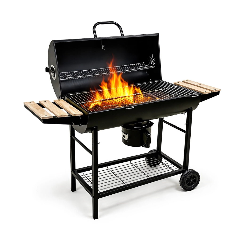Barbecue a Carbone con Coperchio e Termometro, 2 Griglie in Acciaio Inox SS304 (Cottura + Mantenimento), Ripiani Laterali e Ventilazione Regolabile, BBQ da Giardino con Ruote