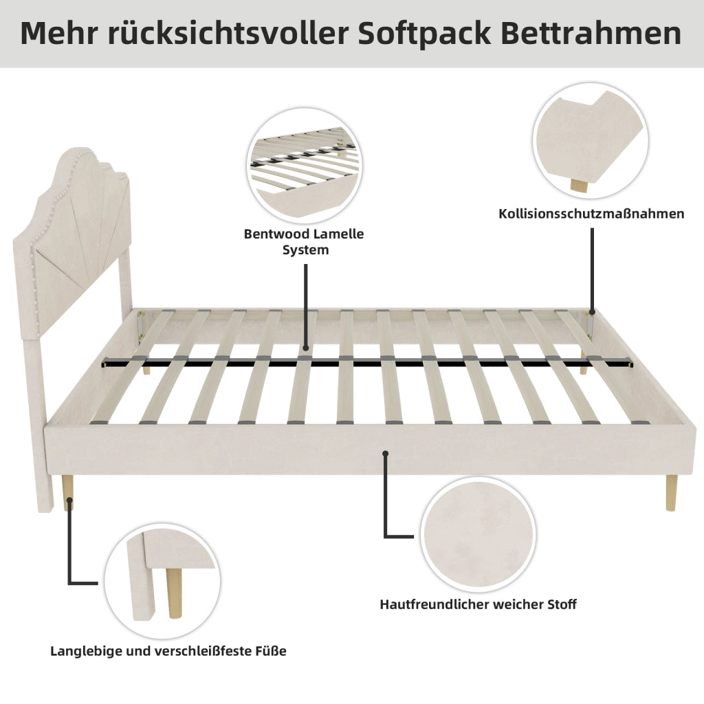 Letto Matrimoniale 140x200 cm con Testiera Imbottita e Rete a Doghe in Tessuto Beige