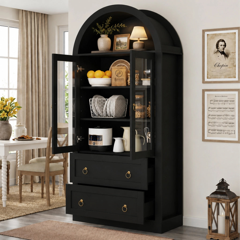Credenza con ante in vetro, cassetti e ripiani regolabili per cucina e soggiorno, nero, 80 × 36 × 170 cm