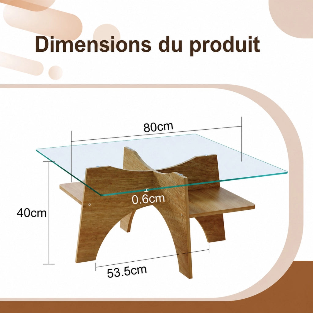 TAVOLINO Quadrato 80 cm Vetro temperato Trasparente e MDF Effetto legno chiaro