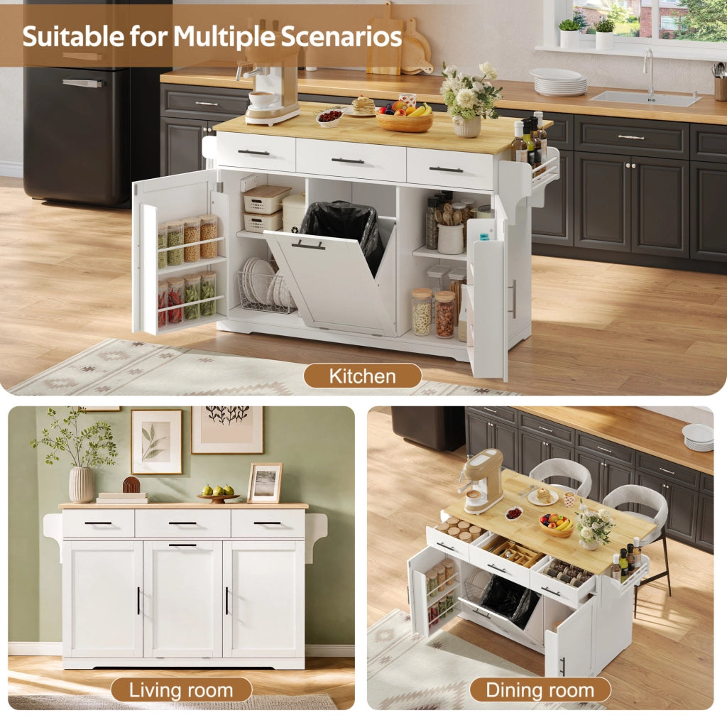 Isola da cucina mobile in MDF con 3 cassetti; vano rifiuti; prese USB e ruote; 136 × 50 (75) × 92 cm