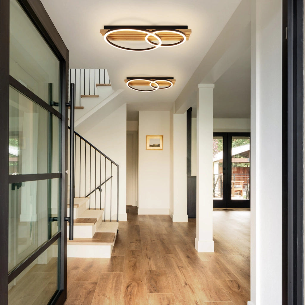 ZMH Lampada da soffitto LED in legno dimmerabile 55 cm 36W 2 anelli design geometrico telecomando per camera letto