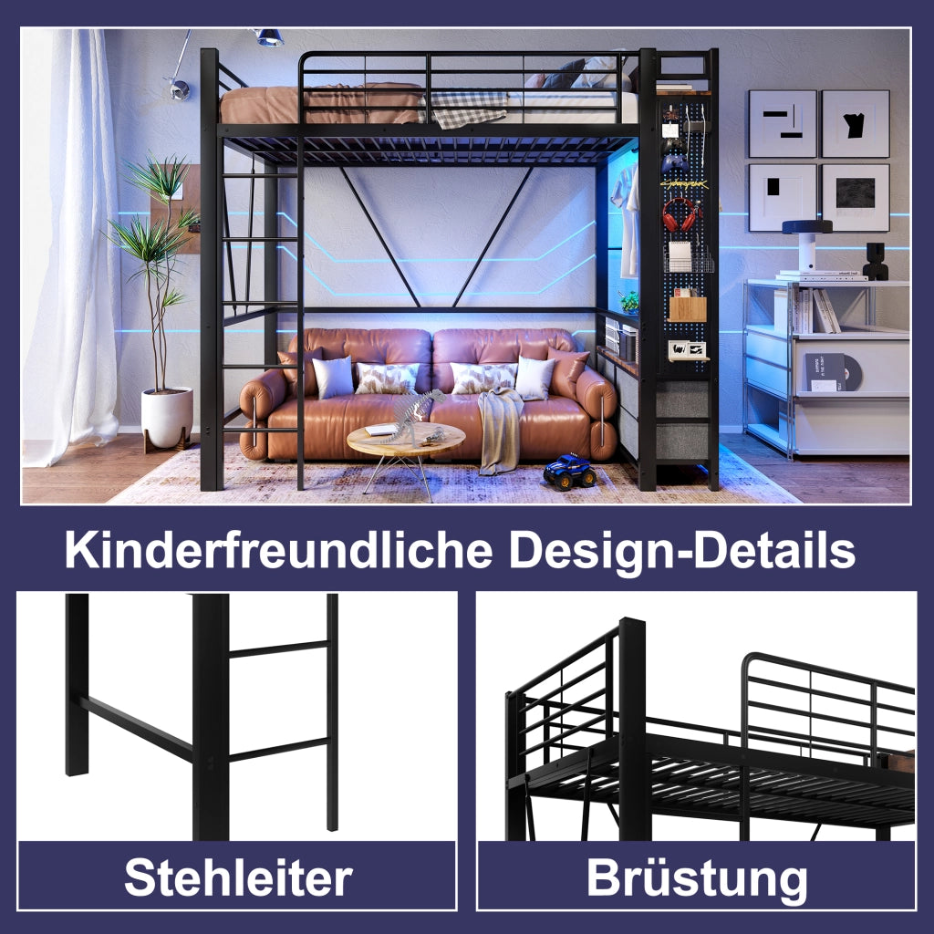 Letto a castello nero in metallo con funzioni integrate 90x200 cm