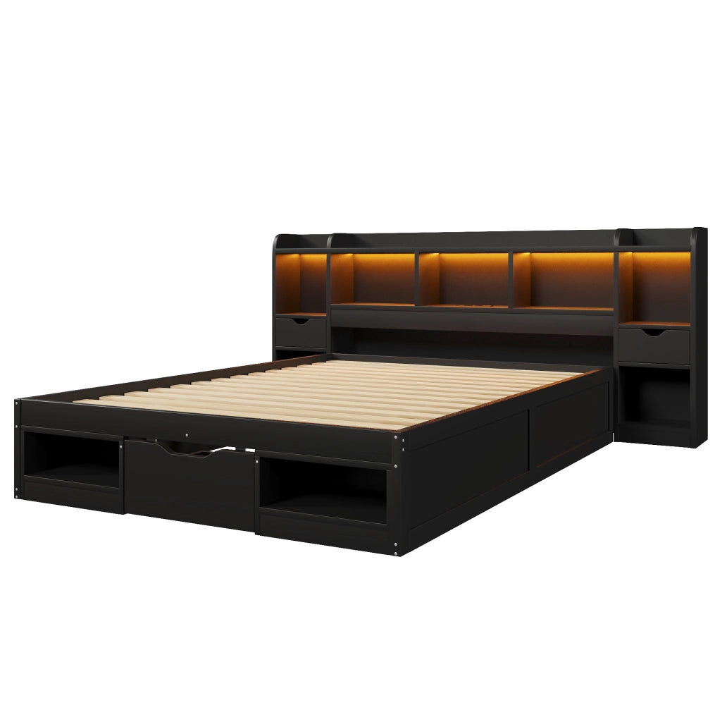 Letto a piattaforma nero 140x200 cm con testiera e pediera contenitore, 3 cassetti, LED e porta USB