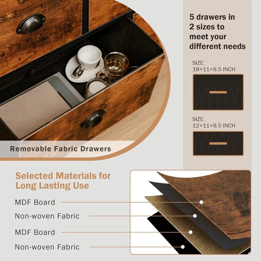 Cassettiera con 5 Cassetti e Armadietto a 2 Ripiani Pieghevoli in Tessuto - Credenza con Telaio in Metallo, 100 x 30 x 54 cm