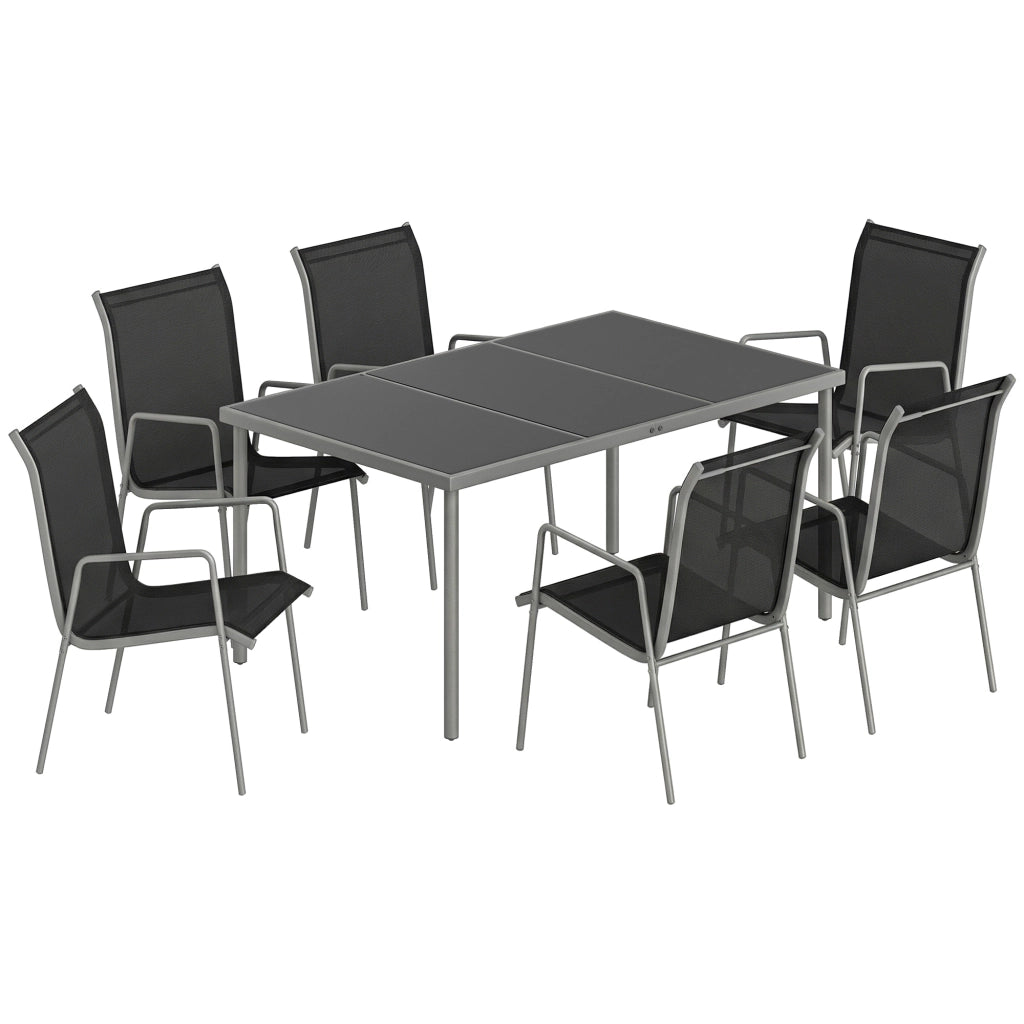 Set 7 Pezzi da Esterno con 6 Sedie Impilabili in Texteline e Tavolino da Caffè con Piano in Vetro in Acciaio Nero e