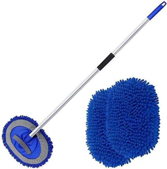 Pulitore auto a spazzola telescopica in acciaio, 160 cm 2 in 1 pulitore auto a spazzola con acciaio retrattile a quattro leve, rotazione 180° multifunzionale per auto, RV, camion, caravan, camper