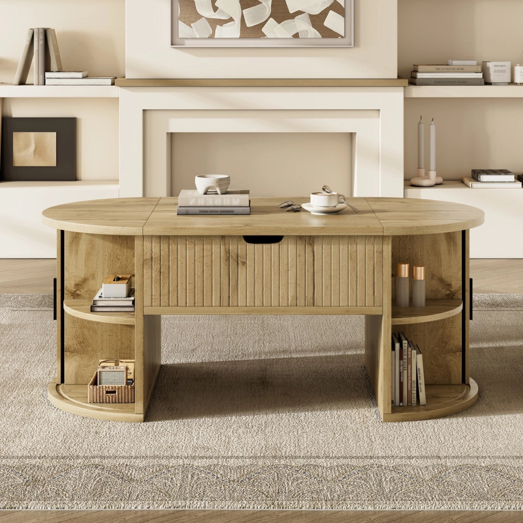 Tavolino da salotto 100x50x40.5 cm; piano regolabile con spazio contenitivo; MDF; colore naturale