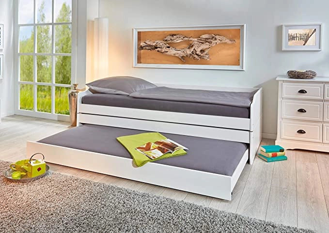 LETTO SINGOLO LOTAR 90X200 ESTRAIBILE E TRASFORMABILE IN 3 LETTI O MATRIMONIALE PINO TINTO BIANCO