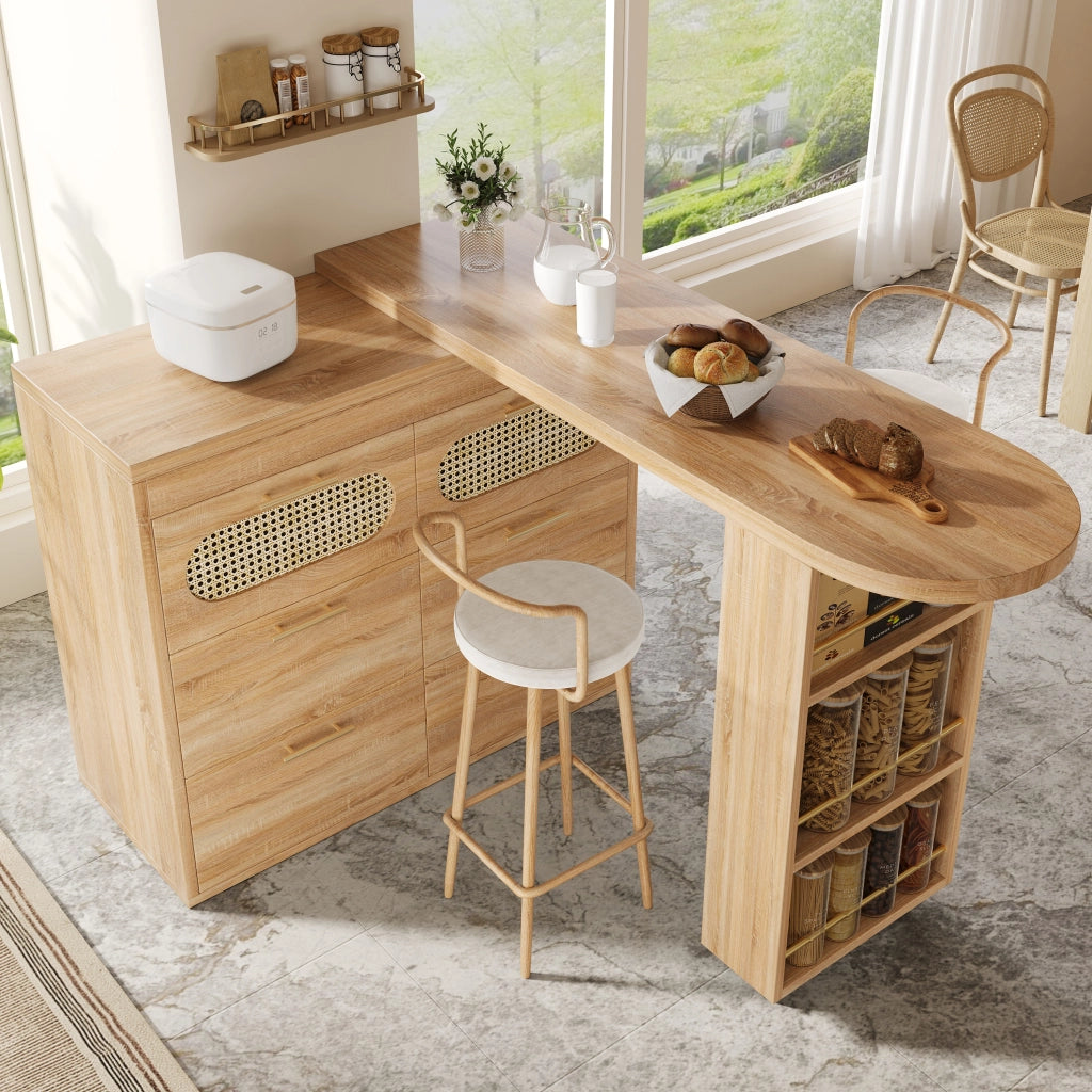 Tavolo Bar con 6 Cassetti e Ante in Rattan ¨C MINIMAL ¨C Metallo, Girevole 360¡ã