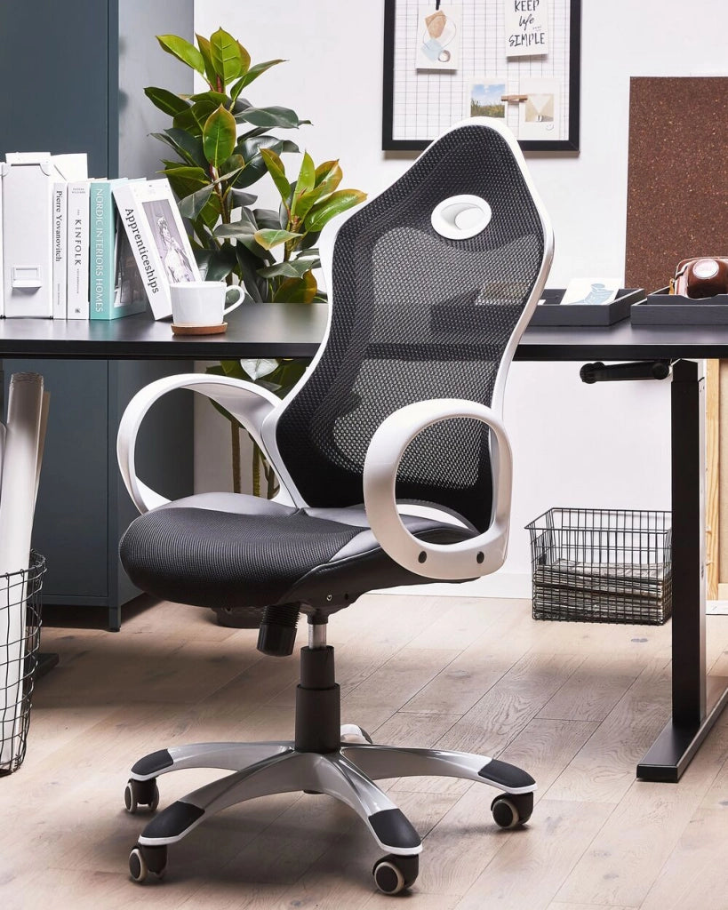 Sedia da ufficio Meccanismo di inclinazione girevole in tessuto a rete bianco e Nero Sedile regolabile in altezza Schienale ergonomico