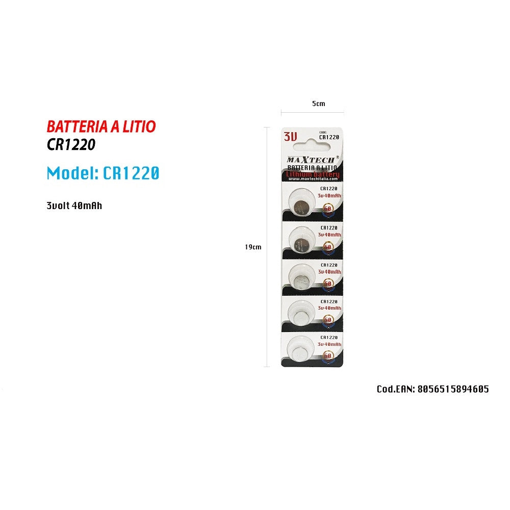 Trade Shop - 5 Pile Cr1220 3v Batteria A Bottone Per Orologi Telecomandi Apparecchi Maxtech -