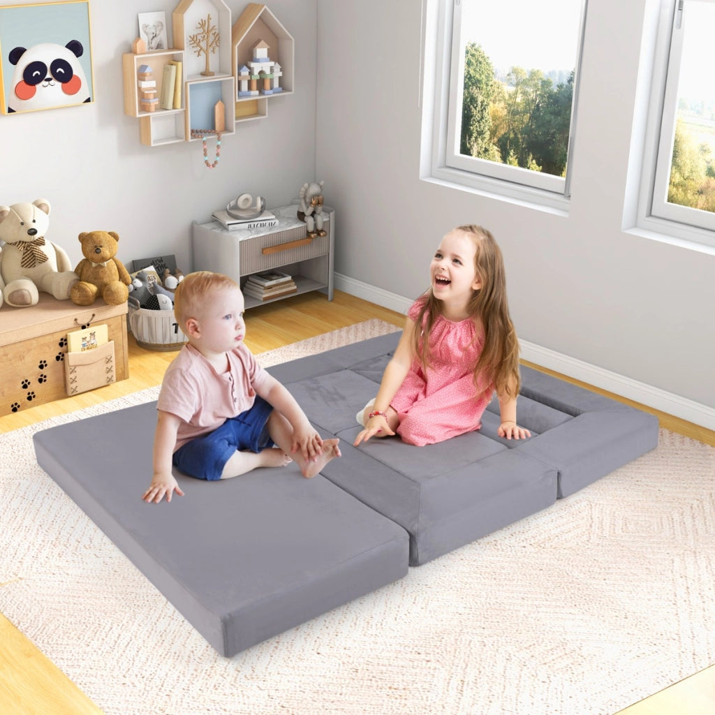 Divano giocattolo modulare per bambini con tessuto suede coperture lavabili, Set di gioco in schiuma a 9 pezzi Grigio-Divani per bimbi
