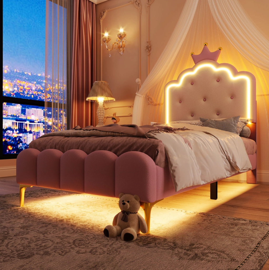 Letto imbottito principessa 90x200 cm rosa con LED