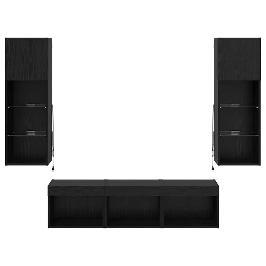 Mobile TV da parete dal design moderno 60 x 30 x 30 cm con strisce LED e ripiani in vetro in legno ingegnerizzato rovere nero 02_0056087