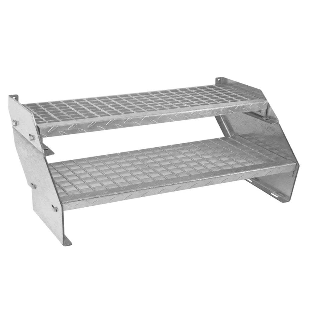 Scala in metallo a 2 livelli regolabile in altezza 60 cm di larghezza Acciaio zincato argento 2 gradini regolabili Griglia resistente alle intemperie Spessore asta 5 mm Kit di fissaggio GRATUITO