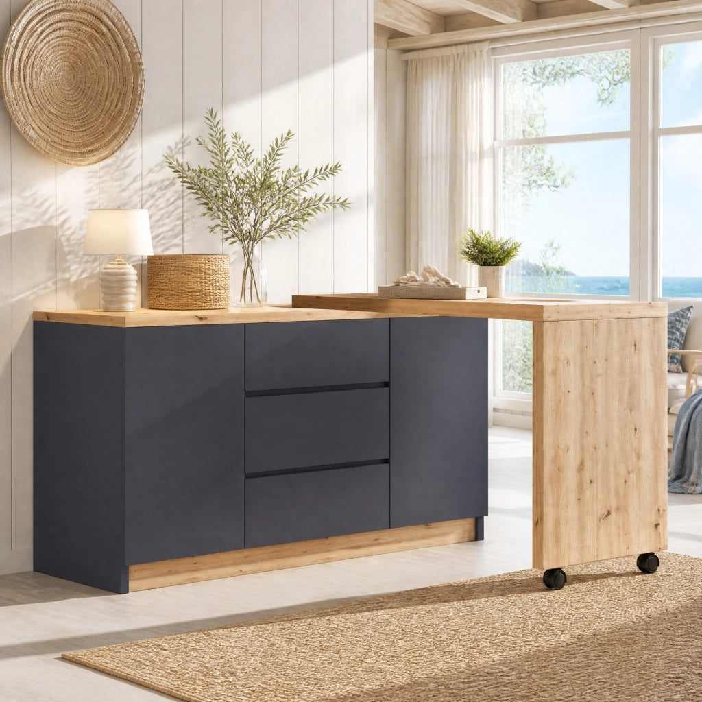 Scrivania pieghevole girevole 360° con rotelle frenanti, 120x50x76,5 cm, effetto grigio e quercia, con 2 porte e 3 cassetti