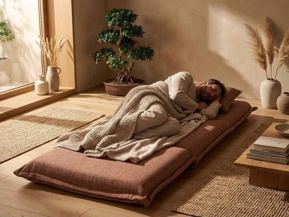 Divano letto marrone Poltrona da pavimento Rivestimento in tessuto Letto singolo pieghevole con cuscino Design moderno Camera dei bambini Soggiorno
