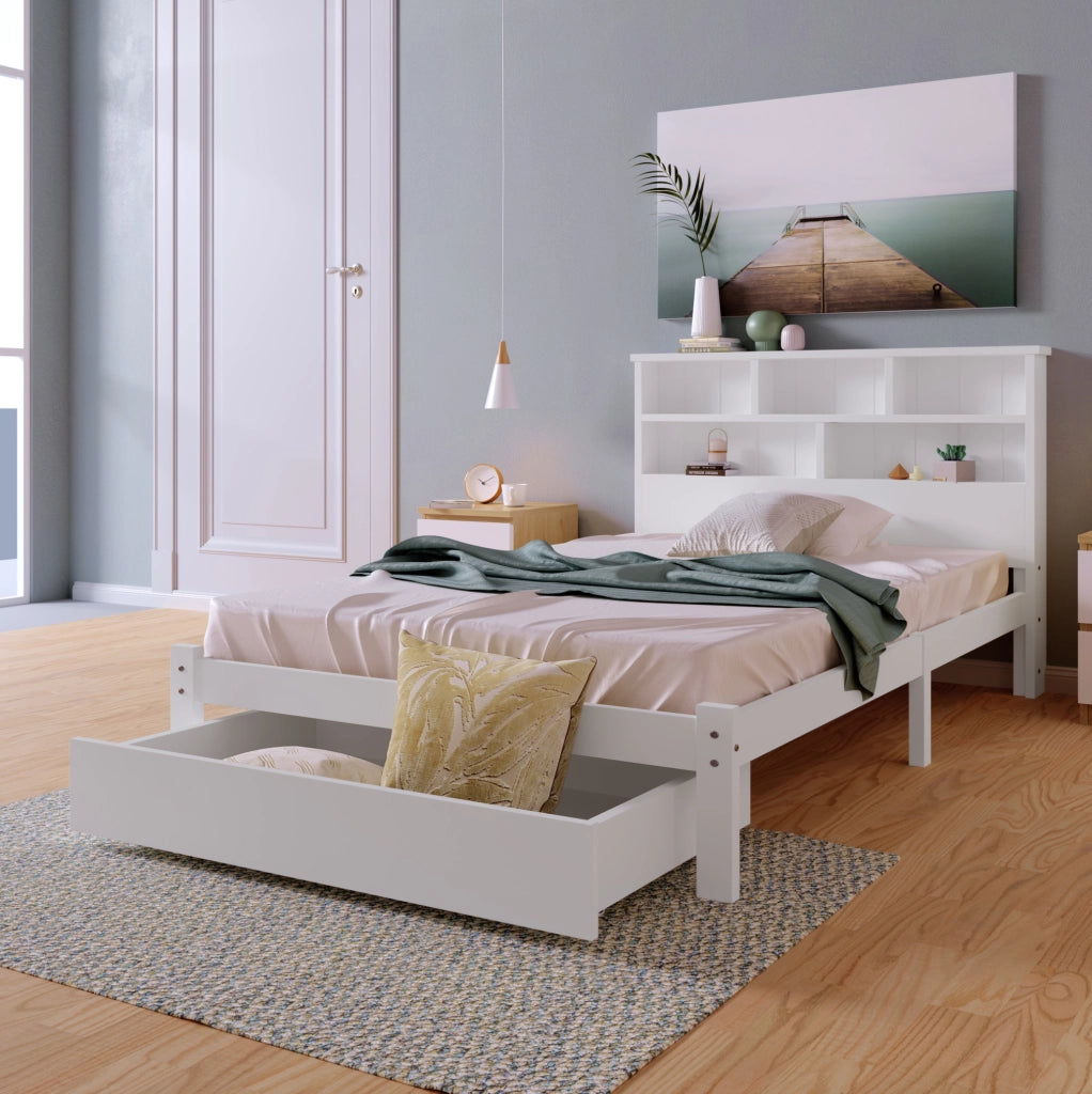 Letto singolo 90x200 cm con testiera a libreria e cassetti; legno; bianco (Senza materasso)