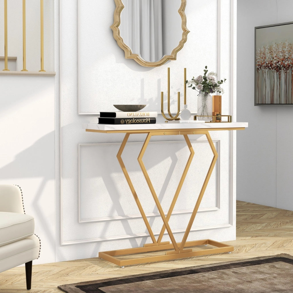 Consolle oro in finto marmo con telaio geometrico a forma di diamante, Tavolo stretto da ingresso da 100cm Bianco-Consolle