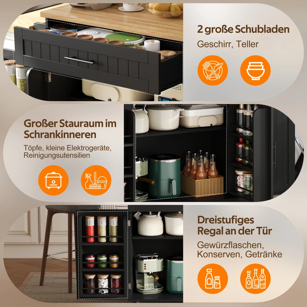 CARRELLO ISOLA CUCINA CON PIANO RIBALTABILE 130x70x93 cm MDF Nero