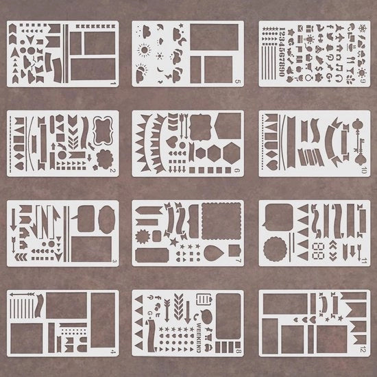 Bullet Journal Sjablonen 12-delice Set - Stencil Herbruikabili - PET Milieuvriendeli - Accessori Creativi - per Scrapbooking - Facili da Pulire