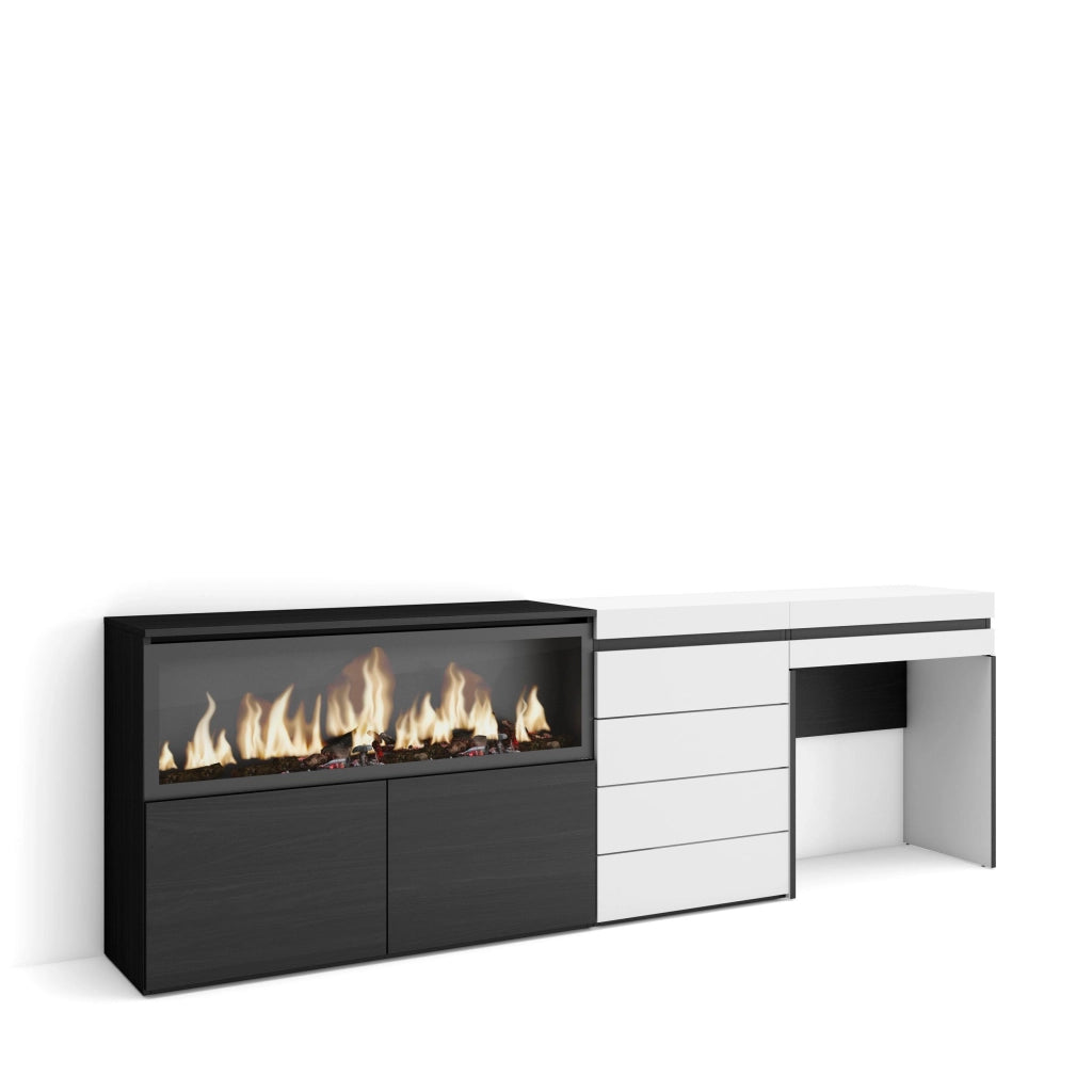 Tavolo da toeletta, 234x35x75cm, Con cassetto, Camino elettrico XXL, Cassettiera, Bianco RF3455