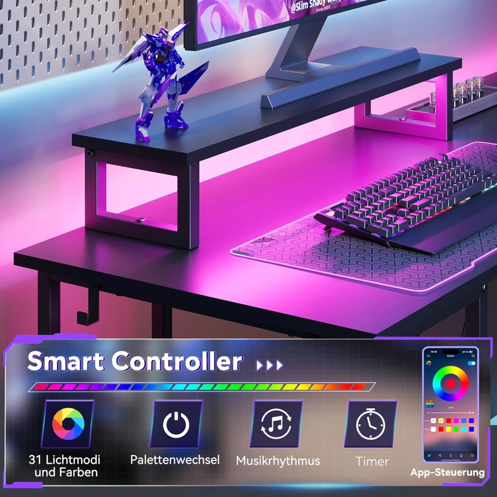 Scrivania Gaming Regolabile 2 in 1 con LED ¨C zephmum ¨C Nero 100x50x70