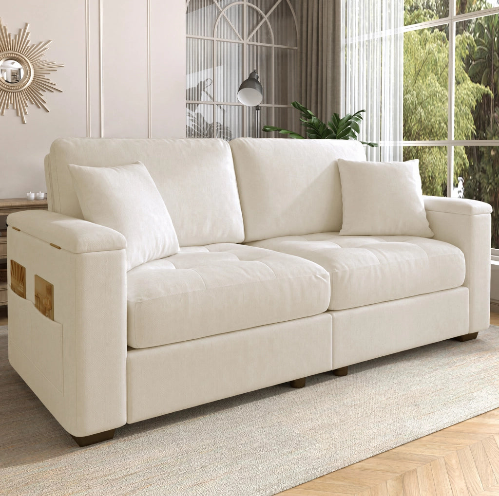 Divano 2 posti in ciniglia beige con contenitore nei braccioli e 2 cuscini HOMVRA