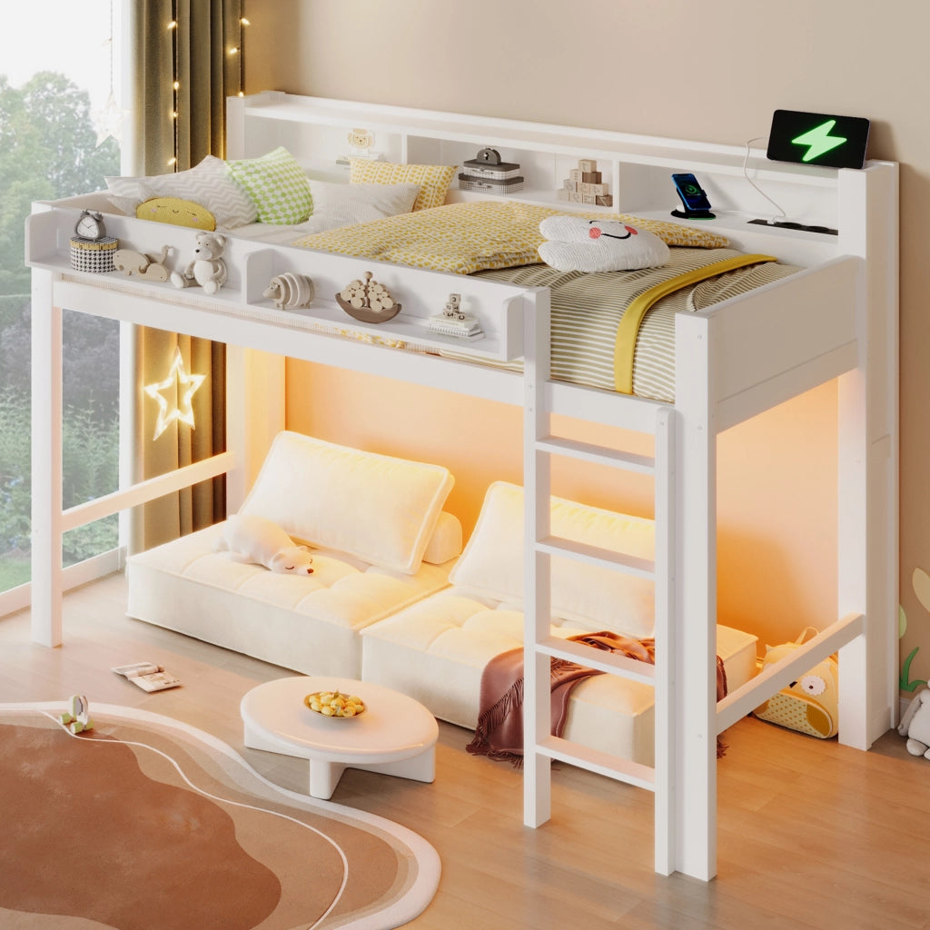 Letto a soppalco 90x200 in legno bianco con armadietti e presa USB