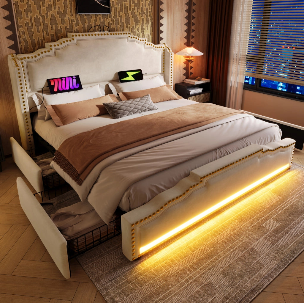 Letto 140x200 con 4 cassetti; LED; USB e Type-C; velluto beige