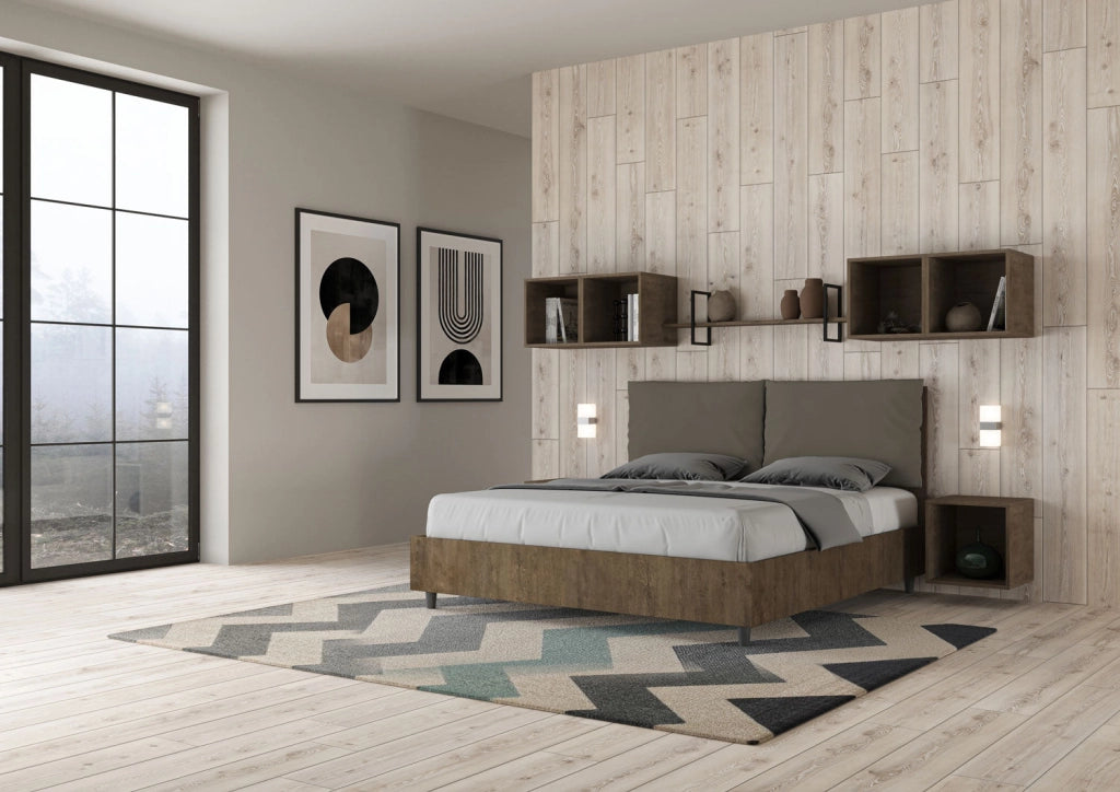 Letto matrimoniale senza rete 160x200 bianco frassino cuscini similpelle cappuccino Egos Antea