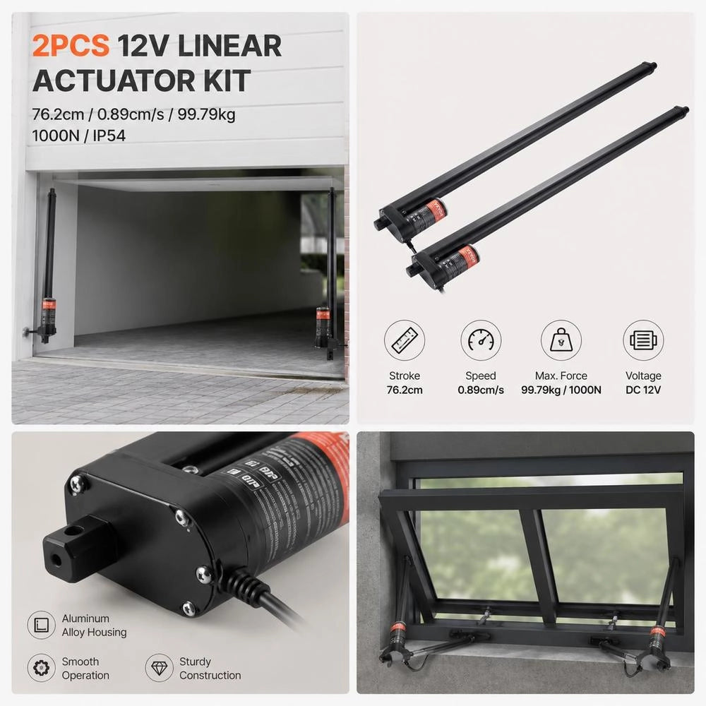 2pcs. 12V Linear Actuator Kit 76.2cm 0.89cm/s 99.79kg/1000N IP54 Protection
