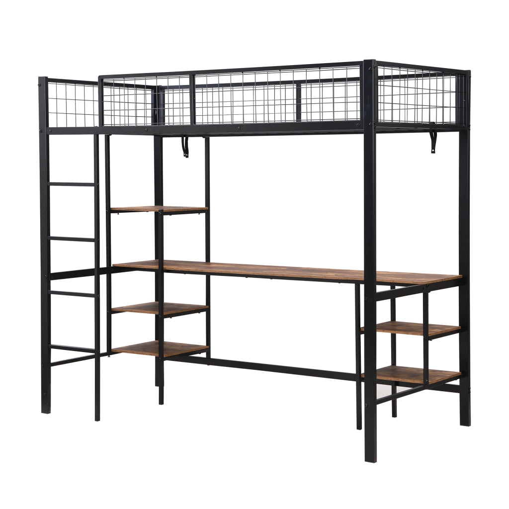 Letto a Soppalco 90 x 200 cm - Scrivania; Mensole e Scala a 4 Gradini - Nero