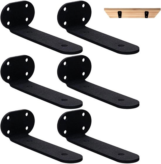Impianti di sostegno per tavole robusti - fissati al muro - oscillanti - in metallo nero - 90 gradi - 25cm - set da 6 - sostegni per tavole