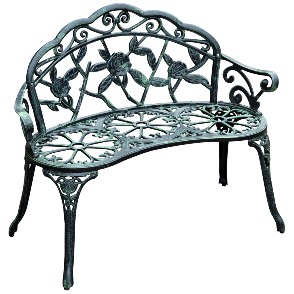 Panca da Giardino 2 Posti con Schienale Motivo Floreale e Dettagli Vintage in Metallo Verde Antico 100 x 54 x 78 cm